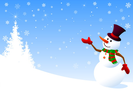 A snowman in a hat welcomes on a winter background. Snowman on a background of fir-trees and snowflakes.のイラスト素材