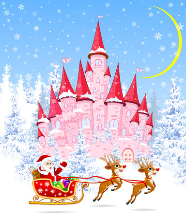 Santa on a sleigh on the background of the castle and the winter forest. Cartoon pink castle on the background of winter snow-covered forest. Winter landscape with a pink castle in the woods, snow, night, moon.のイラスト素材