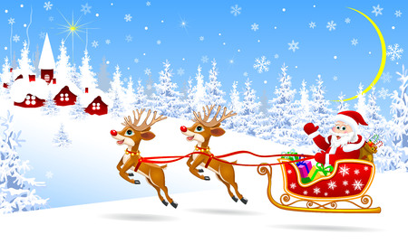 Santa and deer on background village and winter forest. Santa Claus on his sleigh, harnessed by deer. Santa Claus with gifts on his sleigh.のイラスト素材