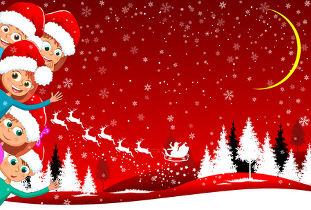 Little kids on red winter background. Children against the backdrop of the winter landscape. Santa Claus, deer, forest. Children enjoy Christmas. The night before Christmas.のイラスト素材