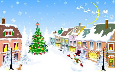 City street in the winter Christmas night. Snowman welcome. Santa Claus on a sleigh with reindeer. Christmas tree. Houses covered with snow. Winter night on Christmas Eve.のイラスト素材