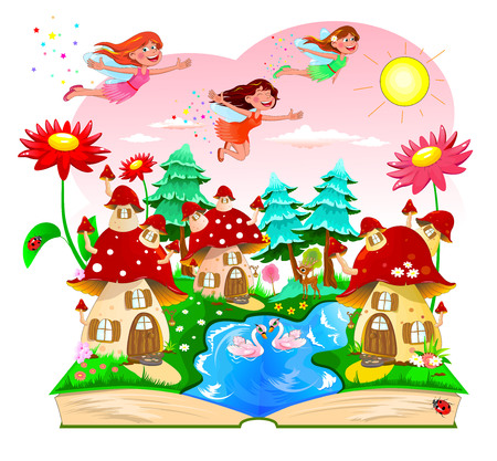 Joyful fairies flying in the sky above the mushroom houses. Landscape with mushroom houses, a river, forest and flowers. An open book with a cartoon landscape.のイラスト素材