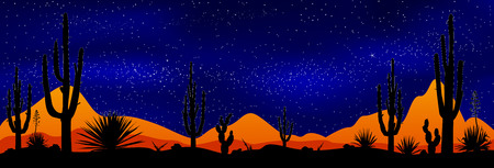 Desert with cacti on the background of the night starry sky. Stony desert at night. Desert landscape, night scene.のイラスト素材