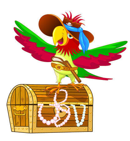A parrot with a hat and a gun in his belt. A pirate parrot is standing on a treasure chest.のイラスト素材