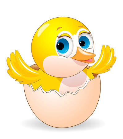 Little yellow chicken on white background. Cartoon chick peeking out of an eggshell.のイラスト素材