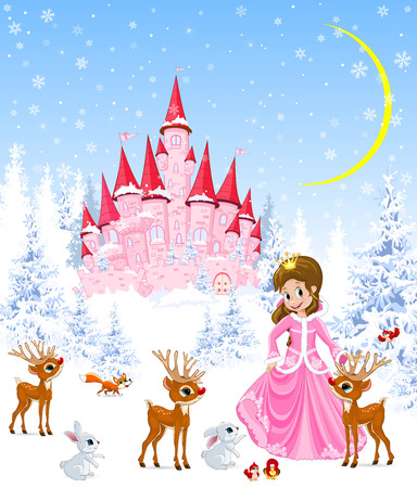 Princess on the background of a pink castle. Winter forest. Little deer, bunnies and birds. Winter night. Snowflakes and snow.のイラスト素材