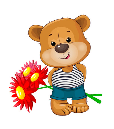 Little bear with flowers on a white background. A bear holds a bouquet of red flowers.のイラスト素材