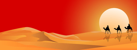 Riders on camels in the background of the sunset. Sandy desert.のイラスト素材