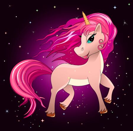 Unicorn against the background of the night sky and stars. Unicorn with a pink mane.のイラスト素材
