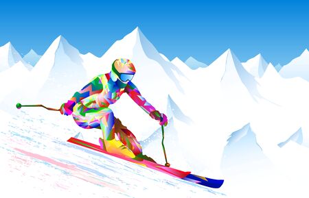 Athlete skier on a background of sky and snowy peaks. The athlete is active in skiing, performs downhill and slalom. Bright colored figure-silhouette of a skier skiing.                                                                                                                                  のイラスト素材