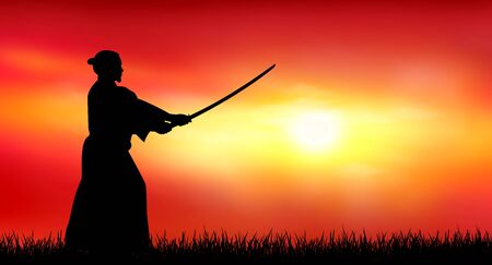 A man stands with a sword in his hands against the backdrop of a sunny sunset.のイラスト素材