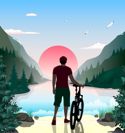 Man with a bike. Mountain landscape. The lake in the mountains. Forest. Sunny dawn. The sky with clouds. Sandy beach with stones and grass.のイラスト素材
