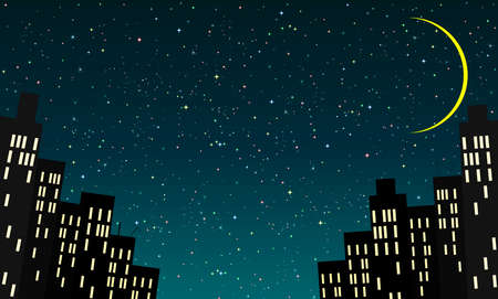 Cartoon city against the background of the night starry sky and the moon.のイラスト素材