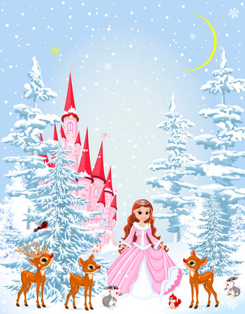 Little princess in a pink dress in the winter forest. Princess with animals on the background of a castle and a snowy forest. Winter snowy night.のイラスト素材