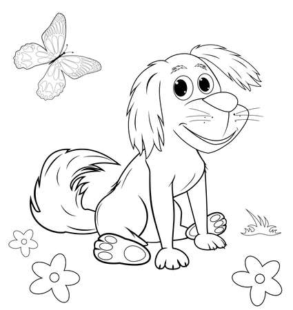 Sitting dog in the contours for the coloring page. Sketch of a dog on a white background.のイラスト素材