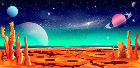 Space background. Surface of the planet. Shining stars and planets. Stellar nebula. A distant galaxy. Night starry sky.のイラスト素材