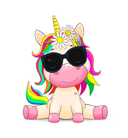 A small unicorn with a multi-colored mane and in black sunglasses on a white background.のイラスト素材