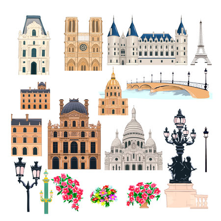 Set of various beautiful old buildings and architectural structures of Paris. Paris and its historical sights.のイラスト素材