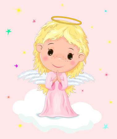 Little angel on a cloud against the background of stars. The baby angel holds his hands for prayer. Angel with curls, wings and a halo.のイラスト素材