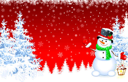 Snowman in a hat against the background of snow-covered Christmas trees. Snowman on a red winter background. Greeting card for Christmas and New Year.のイラスト素材