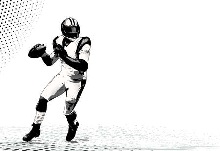 The silhouette of a football player with a ball on a grunge background, with the imposition of various textures in the form of spots. American football athlete.のイラスト素材