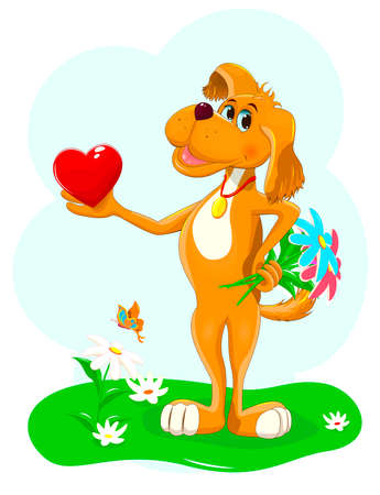 Cartoon dog holding a heart and a small bouquet of flowers in its paws.のイラスト素材