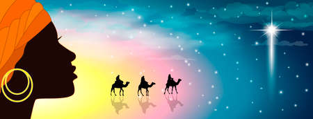 Silhouette of a young woman and a caravan of camels against the background of a starry sky and a...