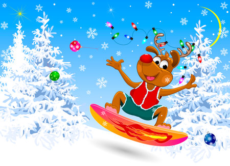 A cartoon reindeer, decorated with Christmas balls and a garland, descends on a snowboard, against the backdrop of a snowy winter forest.のイラスト素材