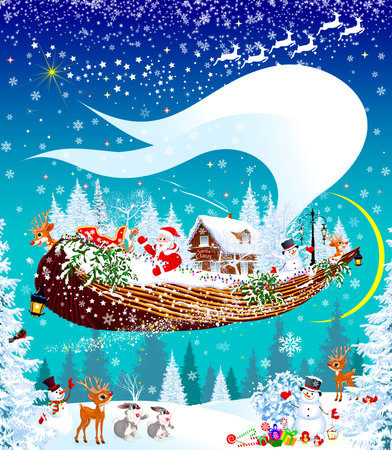 Santa Claus, a reindeer, and a snowman fly through the sky on a flying ship, against a snowy winter forest. Christmas night. Forest animals rejoice at gifts from Santa Claus.の写真素材