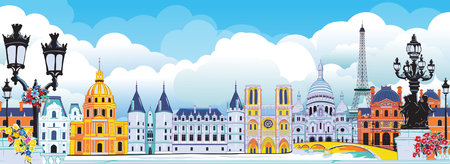 The City of Paris. Beautiful vintage buildings of Paris against the blue sky and white clouds. Paris and its historical sights.のイラスト素材