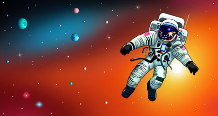 An astronaut in a spacesuit is in open space against the background of the sun and stars.のイラスト素材