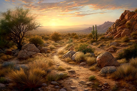 Landscape scene of the stone desert. Mountains, stones, and saguaro cacti are in the foreground. Evening sunset. Illustration AI.の素材