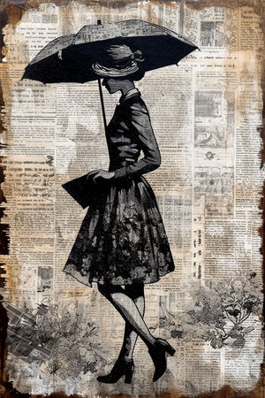 A young woman walks with an umbrella against the background of old newspaper pages. A young woman walks down the street on a rainy day, carrying an umbrella . Illustration AI.の素材
