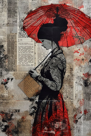 A young woman walks with an umbrella against the background of old newspaper pages. Illustration AI.の素材