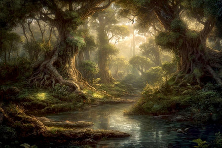 Beautiful forest. old trees. The stream flows in the forest. Wildlife scene. AI illustration.の素材