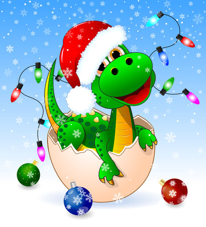 Cute little happy green dinosaur, with Christmas decorations and a Santa Claus hat, in a snowy winter landscape.のイラスト素材
