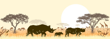 A family of wild African rhinoceros against the backdrop of the sun and savannah trees.のイラスト素材