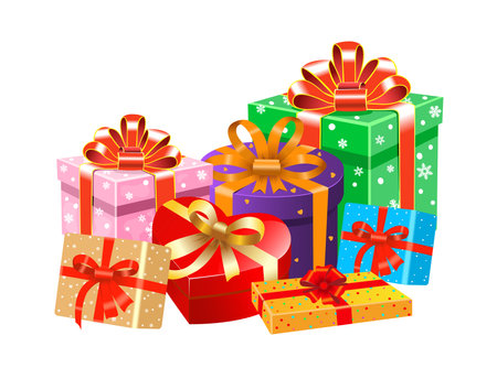 Bright colorful boxes for gifts on a white background. Holiday packaging.のイラスト素材