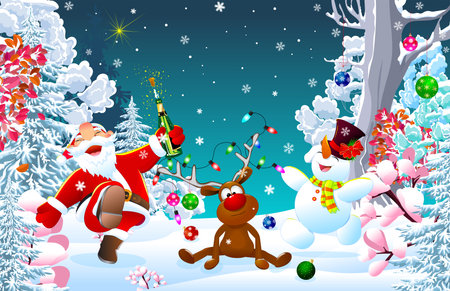 Joyful Santa Claus, deer, and snowman in the winter forest celebrate Christmas. There are snow-covered trees around. Snowfall. The Christmas star shines in the sky.のイラスト素材