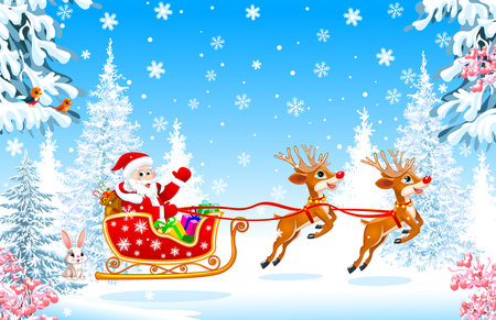 Santa on his sleigh, with gifts, against the backdrop of a winter snowy forest, Christmas Eve.のイラスト素材