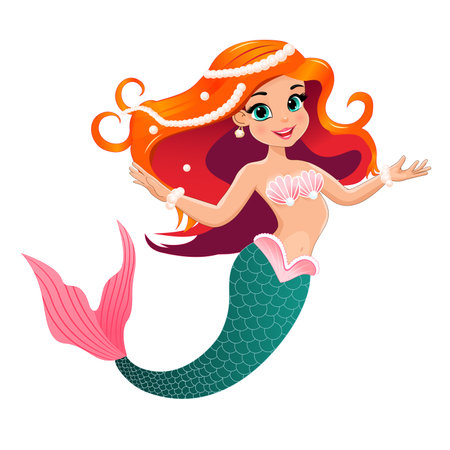 Cartoon little beautiful mermaid with red hair decorated with pearls. Mermaid on a white background.のイラスト素材