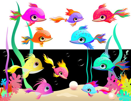 Bright cartoon colored fish. Collection of beautiful colorful fish. Fish on a background of algae and pearls.のイラスト素材