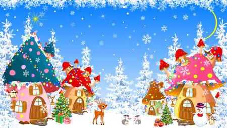 Fairytale mushroom houses against the backdrop of a winter forest. The homes are decorated with garlands. Christmas tree. Gifts in the snow. Snowman and forest animals.のイラスト素材