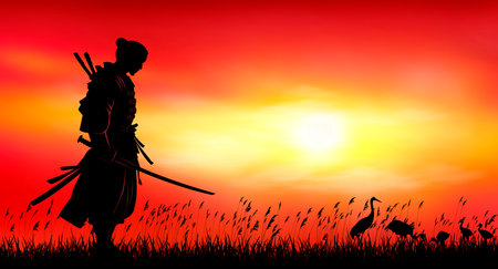 A man stands with a sword in his hands against the background of a sunset. Samurai perform exercises with a sword. Red sunset.のイラスト素材