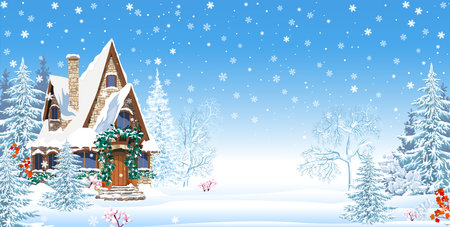 Snowy house decorated for Christmas Winter night. Winter garden, snowy estate. Snowflakes.の写真素材
