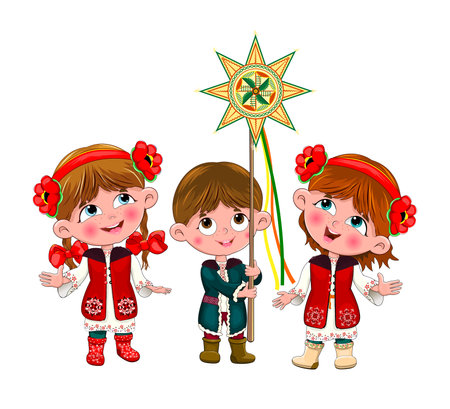 Little happy children caroling on Christmas Eve. The kids are dressed in costumes with embroidery.のイラスト素材