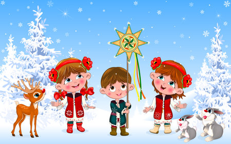 Little children in Ukrainian folk costumes caroling on Christmas Eve.のイラスト素材