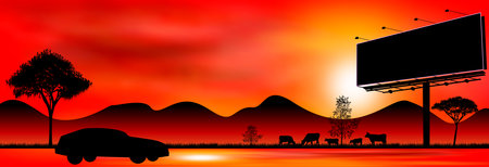 Billboard, car on the road with sunset background.のイラスト素材