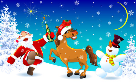 Santa Claus, a horse, and a snowman in a winter forest. A cheerful Santa Claus, a horse, and a snowman are enjoying Christmas night. The joy of Christmas.のイラスト素材