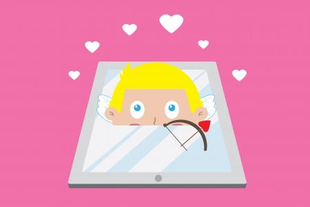 Cupid angel and Tablet Computer with pink backgroundのイラスト素材